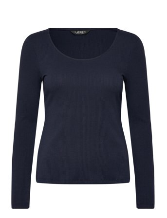 Lauren Ralph Lauren Rib-Knit Long-Sleeve Scoopneck Tee - Navy - M