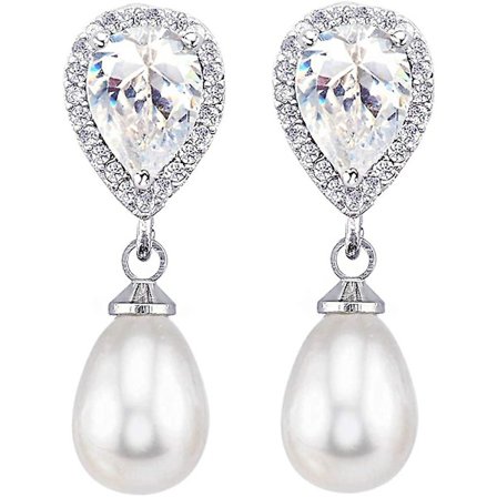 Brudepige Simuleret Perle Øreringe Kubisk Zirkonia Bryllup Drop Øreringe Sølv Gave