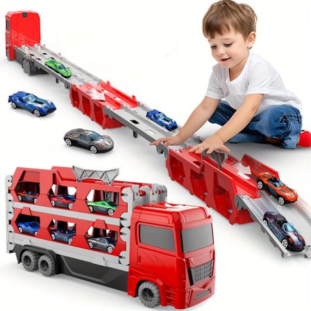 INMOREDO - Skala Leksakslastbil Kompatibel med Push Cars - 155 cm Dubbel Racerbana, Utkastningsbil, Vikbar Transportlastbil & 2 Metallbilar - Manuell 