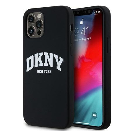 DKNY MagSafe-etui i flytende silikon med hvit trykt logo for iPhone 12/12 Pro - Svart