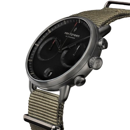 Nordgreen Men's Classic Large Wrist Watch Watch - Silver Case - Black Dial - Boheme Nylon Watch Strap Pioneer White Dial Chronograph