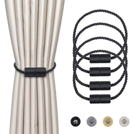 4 Stykker Magnetiske Gardin Tiebacks Sorte Flettede Gardinspænder Magnetisk Gardinholder Gardinreb 45cm - Gardin