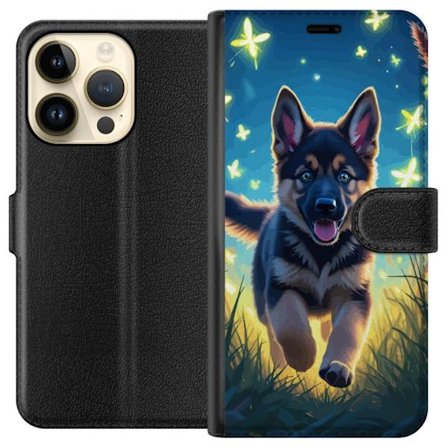 Kompatibelt Lommeboketui til Apple Apple iPhone 14 Pro Tysk schäfer valp plakat valp hund hopper eng fjärler søt hund illustrasjon blå natt kunst