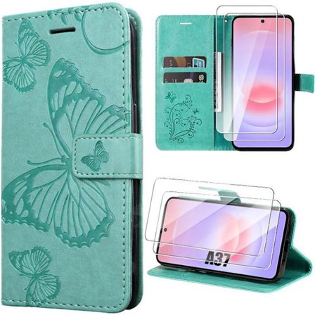 Coque Synthécuir - BOOLING - til Samsung Galaxy A37 5G - Beskyttelse med Grøn Sommerfugl Mønster - 2 Glas