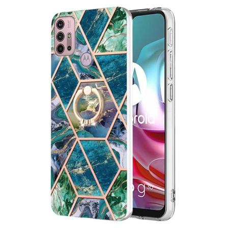 Marble Mønstret Cover med Ring Holder til Motorola Moto G30 - Blå / Grøn Blue