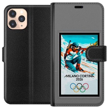 Kompatibelt Lommeboketui til Apple iPhone 11 Pro Retroplakat Cortina Milano 2026 med fjell, vintersportsutøvere, italienske trikolor, Milano-katedrale