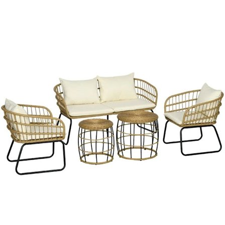 Rootz Havemøbler - Sædehynder - Loungesæt - Udendørs siddegruppe - Boho Style - 5-delt sæt - PE Rattan-polyester - Creme - Naturlig - Sort - 145 X 70