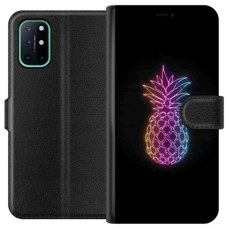Kompatibelt Plånboksfodral till OnePlus OnePlus 8T Neonillustration av ananas i färgglatt ljus mot svart bakgrund