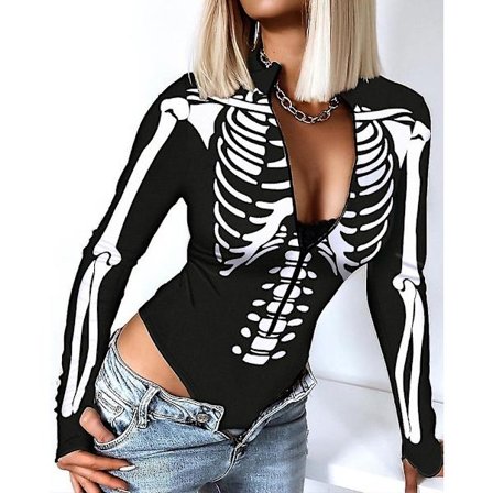 Kvinner Topp Romper V-hals hodeskaller Slank Uformell Halloween Skjeletttrykk Glidelås foran Langermet Body Sexy Bodysuits