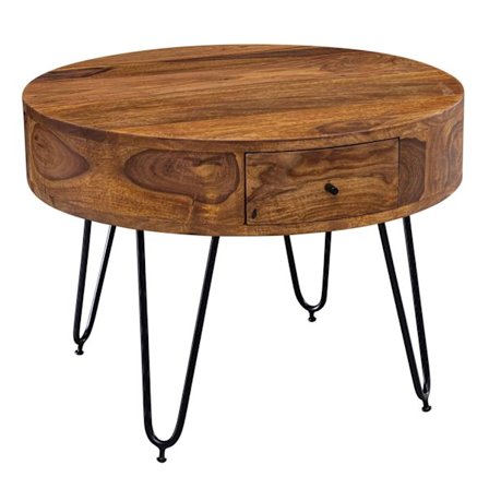 Rootz bord Sheesham massivt træ - metal 60x44,5x60 cm bord stue - Design sidebord med skuffer Lille sofabord rund brunt