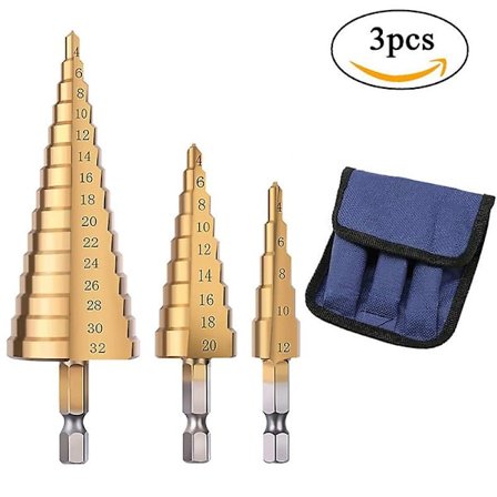 3 kpl Porrasvastaporausterä, ruostumaton teräs, 4-12/20/32 mm, titaanipinnoitettu kartiokolmio, kuusiokannalla, 40, 52, 75 mm