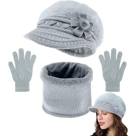 3-delt sett med lue, skjerf og hansker, vintervarmt, slouchy strikket blomsterlue for kvinner med visir, fleecehatter og halsvarmer-skjerf med hansker