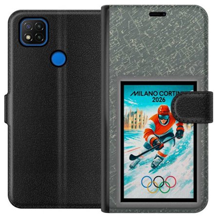 Yhteensopiva Lompakkokotelo Xiaomi Redmi 9C Curlingkuvitus pelaajilla ja kivillä jäällä, Milano Cortina 2026, lumisia roiskeita ja olympiasormukset