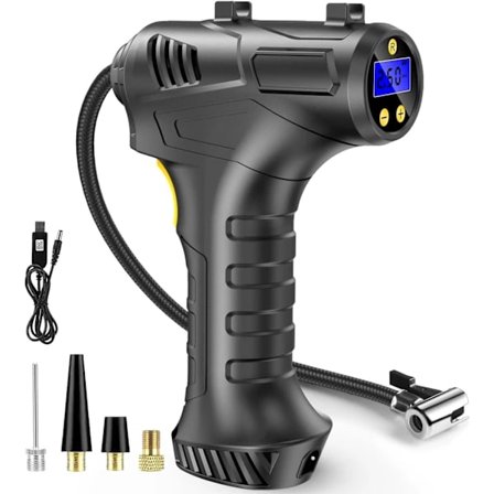 12V USB Uppladdningsbart Batteri 150PSI Bärbar Bildäckspump, Elektrisk Digital Däckpump med LED-Ljus och 3 Munstycksadaptrar