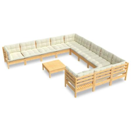 Vidaxl Loungegrupp Med Gräddvita Dynor 12 Delar Massiv Furu Creme