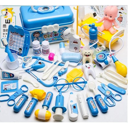 Lekesett for lege 52 deler Late-som-lege-sett Leke-stetoskop Medisinsk sett Fantasilek 3 år gammel(Blå)