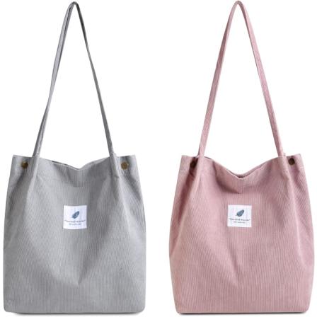 2 stycken kordsäck dam axelväska shopper dam handväska för vardagen, kontor, skolresa och shopping, 2 stycken grå + rosa