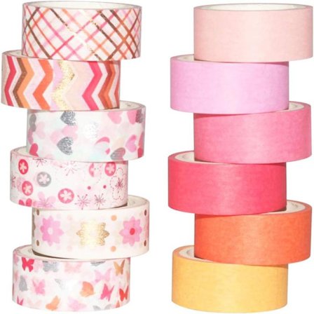 12 ruller washi-tape-sett, maskeringstape, dekorativ tape (rosa blanding)