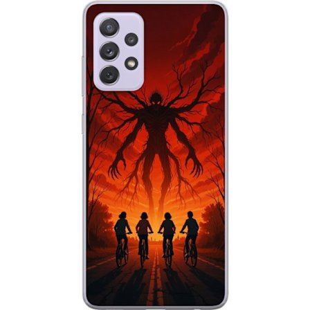 Kompatibelt Mobilskal till Samsung Samsung Galaxy A52s 5G Mörk Stranger Things-inspirerad skräckillustration med röd himmel, monsterfigur och cykla