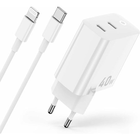 40W iPhone Oplader 14 13 12 11, Apple MFi Certificeret 2-Port 20W USB C Strømadapter Hurtig Tilslutning med 2m iPhone Lightning Kabel til iPh