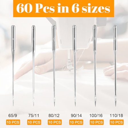 60 stk. symaskinnåler, 6 størrelser universelle symaskinnåler 65/9, 75/11, 80/12, 90/14, 100/16, 110/18, sytilbehør fø,A