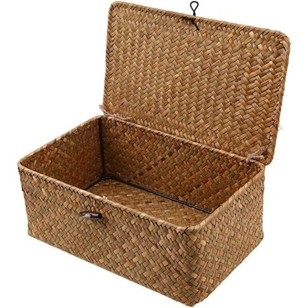 Woven Rattan Storage Box with Lid - Makeup Organizer for Bathroom, Living Room, Kitchen, Brown, 29*19*12CM