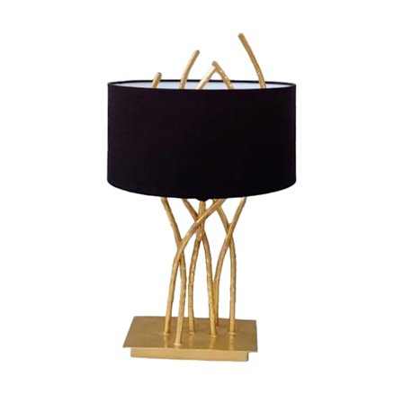 Kullanvärinen metallinen pöytälamppu mustalla samettisella varjostimella, 15x15x55cm