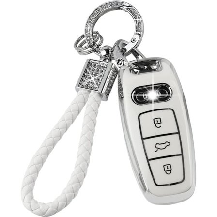 PIFOOG Hvit Nøkkelbrikke Etui for Audi Tilbehør 3 Knapper Myk TPU Nøkkel Etui Skall Bling Nøkkelring Lanyard Beskyttelse Jentete Kvinner_xx