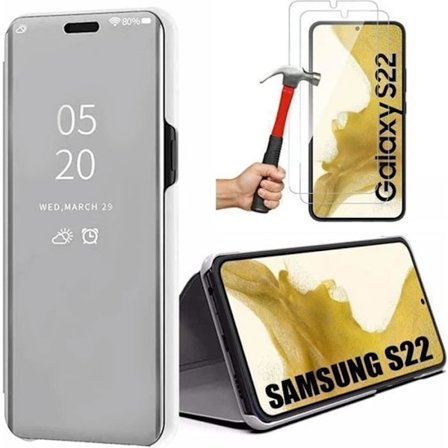 Beskytterskal - Booling - til Samsung Galaxy S22 - Sølv - Spejl-effekt - Pakke med 2 hærdede glas
