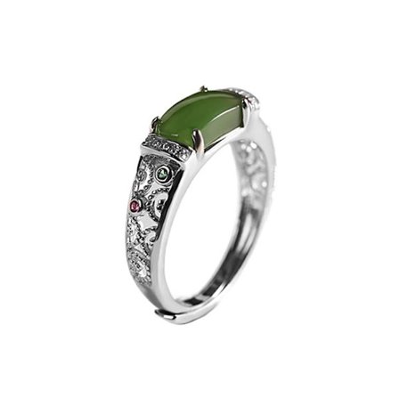 925 Sterling Silver Inlagd Hetian Jade Ring Delikat Elegant Ihålig Öppen Ring Charmig Smycken Gåvor för Kvinnor Flickor