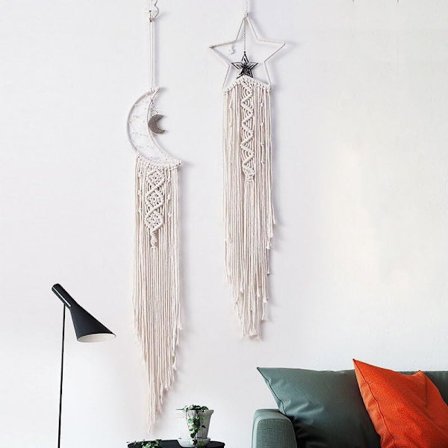 Makramee-seinävaatepakkaus, jossa tähti, kuu, unisieppari, käsintehty, kudottu boheemi kodin sisustus lastenhuoneeseen, hääkoriste