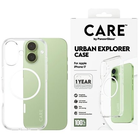 CARE by PanzerGlass Flagship Urban Explorer Fodral med vit MagSafe för iPhone 17 - Transparent