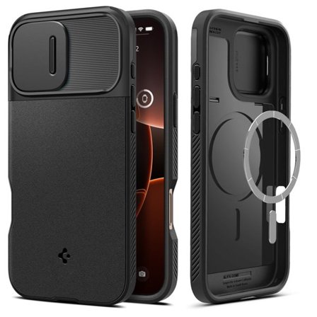 Spigen Optik Armor Mag -kotelo MagSafella 16 Pro Maxille iPhone - musta