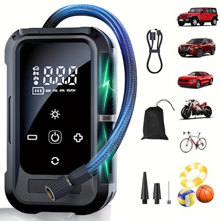 Bærbar trådløs dekkpumpe med digital måler og LED-lys, rask luftkompressor for bil, motorsykkel, sykkel og ball