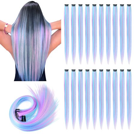 12 stk. Clip-In Hår Extensions til Piger 22 Tommer Lilla Blå Gradient Stejl Hår Extensions til Cosplay