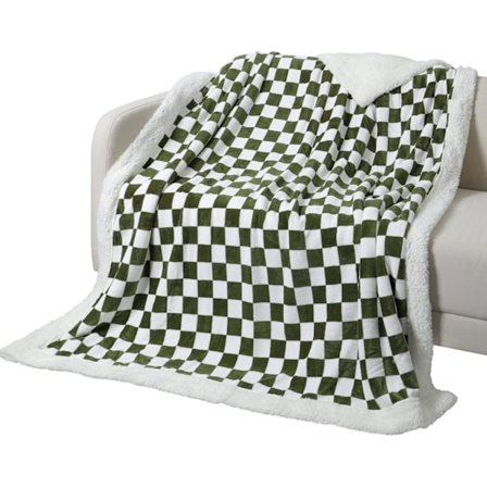 Rutig Fleece Tæppe Blød Flanell Grøn og Hvid Varm og