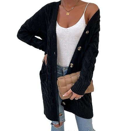 Langærmet Kabelstrikket Lang Cardigan til Kvinder 2023 Efterår Vinter Tyk Åben Front Knap Striktrøjer Med Lommer