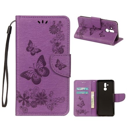 Huawei Mate 20 Lite syntet läder plånboks mobilfodral med fjärils bildmotiv - Violett Lila