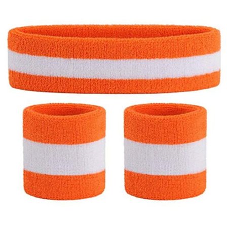 Sportsarmbånd pandebånd håndledsbeskyttersæt (orange hvid) - Bomuldssportsarmbånd til sport (1 pandebånd + 2 håndledsbeskyttere), mandlig og kvindelig