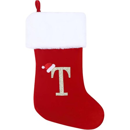 Personlige julestrømper 50 cm Initial Monogram Broderte Bokstaver Julestrømpe Rød Fløyel Julestrømper(T)