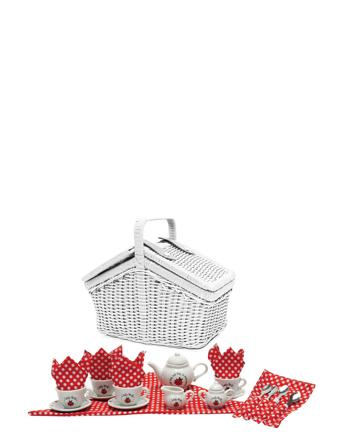 Tea Set "Ladybug" Porcelain In Picnic Basket, 23 Pcs. Toys Toy Kitchen & Accessories Coffee & Tee Sets Röd Magni Toys