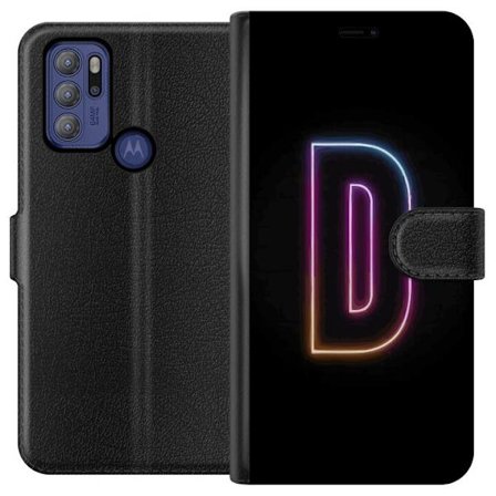 Kompatibel Tegnebogsetui til Motorola Motorola Moto G60S Minimalistisk neonbogstav D i farveskiftende lys mod sort baggrund i moderne digital design