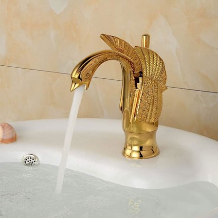 Vandhane til håndvask i massiv messing, poleret guld, formet som en svane