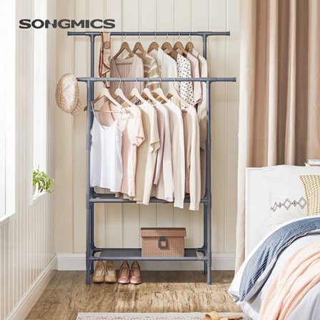 Rootz Grey Tøjstativ - Tøjstativ - Garderobeholder - Metalrør - Ikke-vævet stof - Plastforbindelser - 114 cm x 45 cm x 171 cm - 3 kg - 15 kg pr. hylde