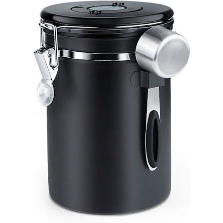 Lufttett kaffeboks - Kaffebønnebeholder med CO2-ventil - med måleskje - 1,8 L (svart)(FQ)