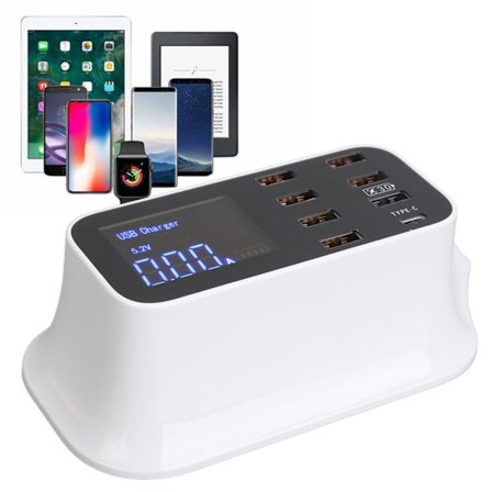 USB-opladningsstation med 8 porte, opladningshub, 40W, USB3.0, Type C, LED-display, kredsløbsbeskyttelse til telefoner, tablets, 100‐240V, EU-stik
