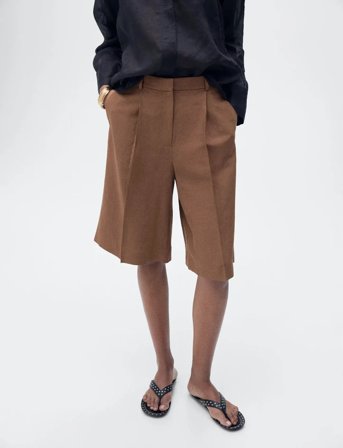 Mango Linen-Blend Suit Bermuda Shorts - Brown - 34