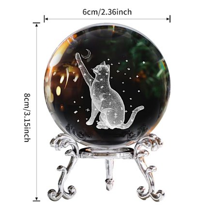 60mm 3D Kat Kristallkula Figur Glas Lasergraverad Kat Måne Stjärna Kristallkula med Stativ Glaskula Pappersvikter Kat Presenter
