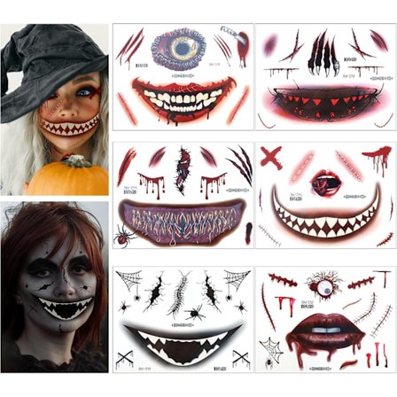 6 ark Halloween Ansiktstatovering, Halloween Ansiktsklistremerker Skjelettmunn Tatovering Halloween Sminke Voksensett