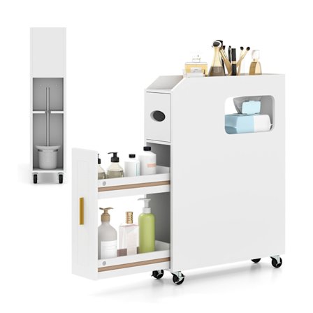 Slankt badeværelsesskab med skuffe og servietboks, hvid